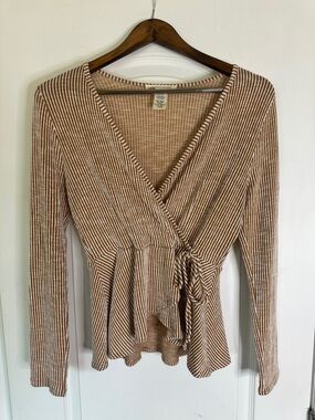 Caution To The Wind Tan and White Striped Wrap-Front Blouse
